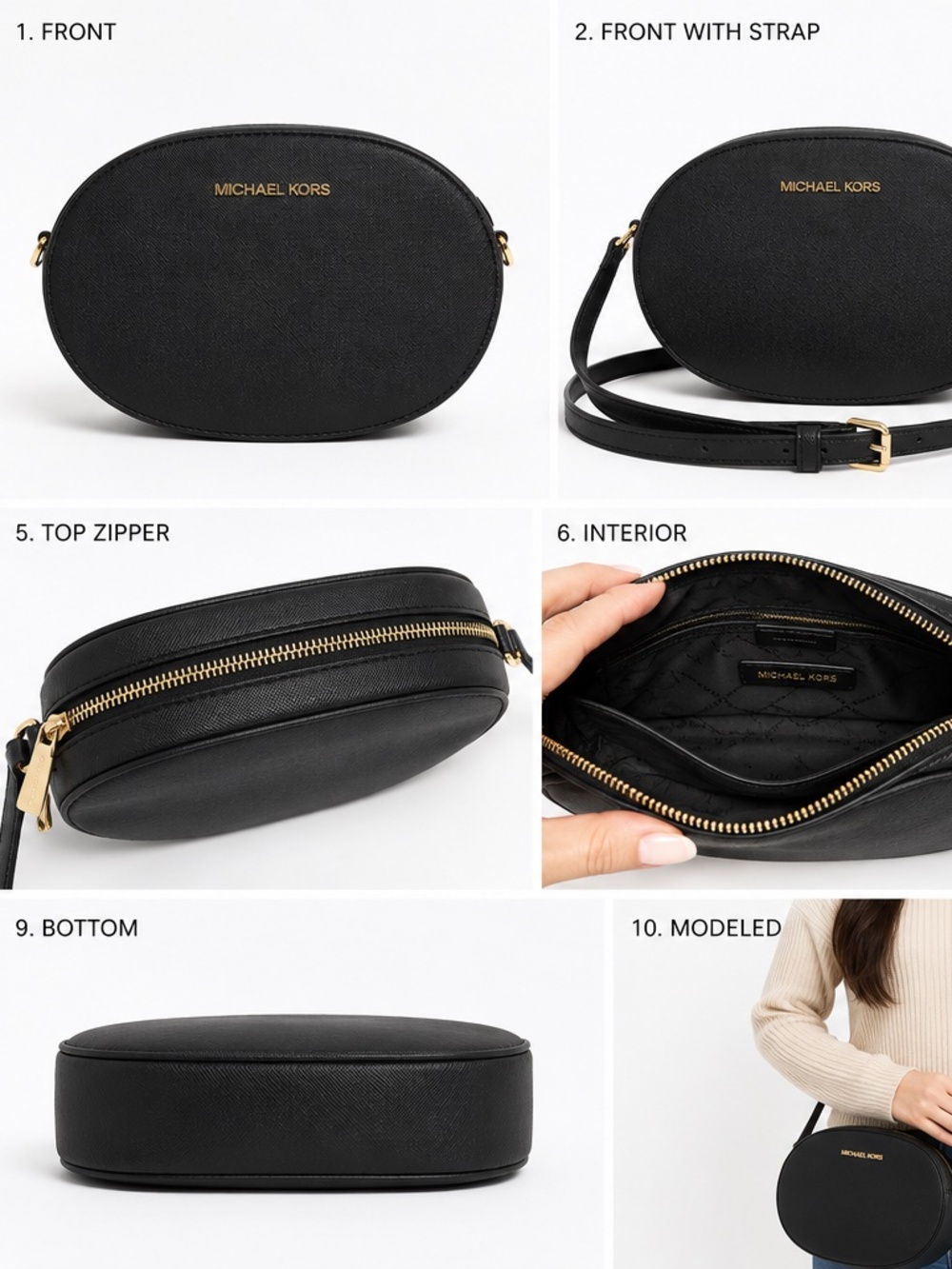 Michael Kors Black Oval Crossbody Bag Saffiano Leather Gold Logo Purse EUC
